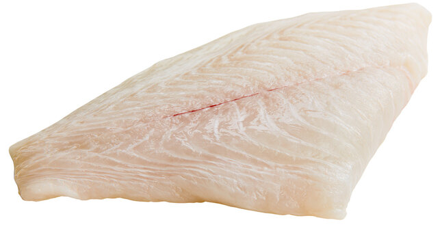 Raw cod fillet with delicate pink flesh and visible muscle fibers, isolated on transparent background