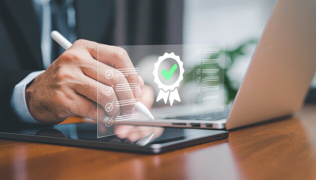 Businessman using tablet with quality assurance icon concept of business excellence and certification.