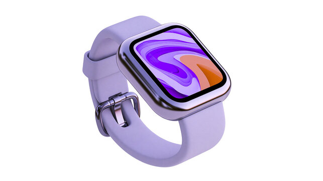 Modern square smartwatch with purple and orange abstract screen display, isolated on transparent background