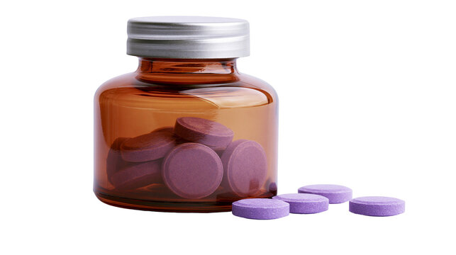 Amber glass medicine bottle with purple pills, isolated on transparent background