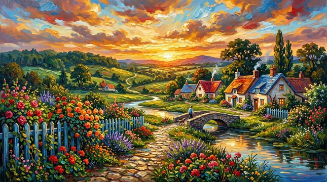 Charming Countryside Cottage with Blooming Rose Garden, Blue Wooden Fence and Golden Sunset Oil Painting, mural wall art, wall painting design 