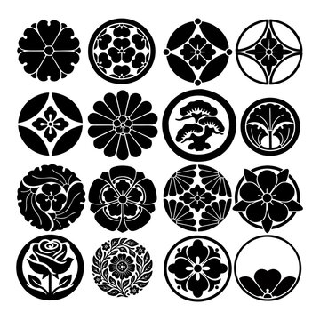 Minimalist Japanese Kamon Family Crest Collection Traditional Geometric Flower and Plant Emblems Vector Set isolated on White Background