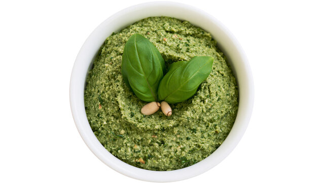 Fresh green pesto sauce with basil leaves and pine nuts, isolated on transparent background
