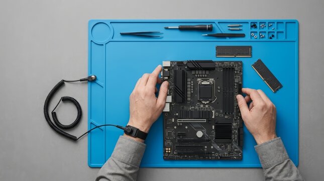 Professional PC-building workspace demonstrating precautions against electrostatic discharge when handling computer components