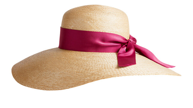 Wide-brimmed straw hat with magenta satin ribbon bow, isolated on transparent background