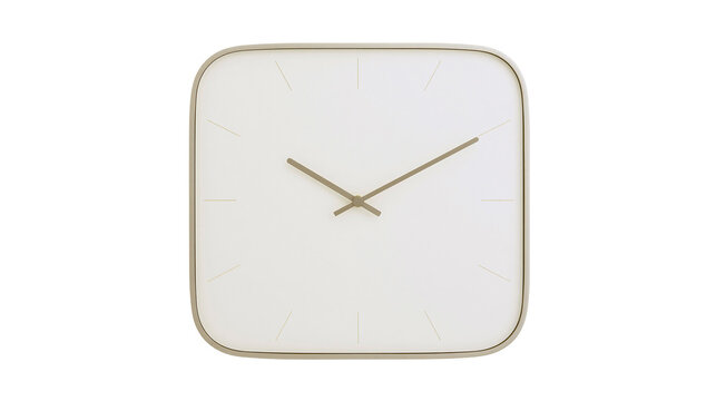 Minimalist square wall clock with thin gold hands, isolated on transparent background
