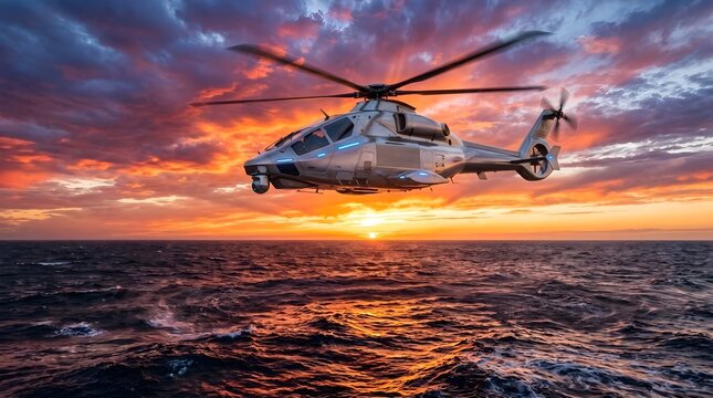 Ultra realistic futuristic AI helicopter flying above the ocean during a dramatic sunset with vibrant clouds and golden reflections on the water.