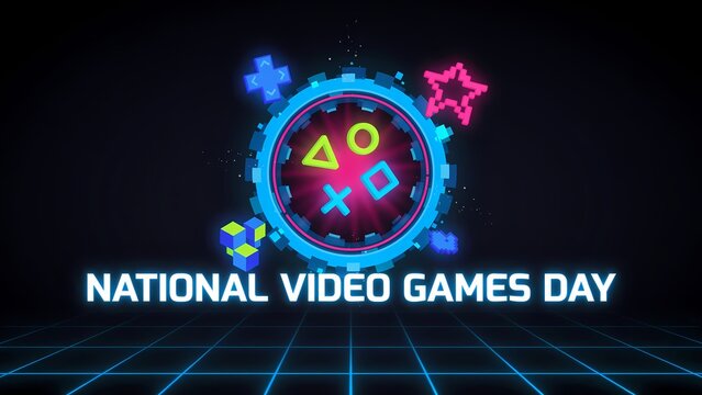 National Video Games Day Neon Banner and Digital Graphic