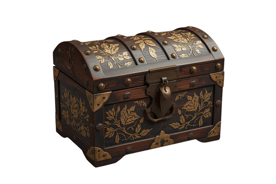 Small ornate antique wooden treasure chest with brass details