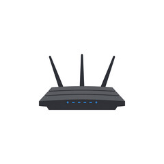 Fototapeta premium Modern black wireless internet router with three antennas and blue indicator lights on a white background.