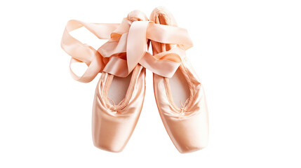 Satin ballet pointe shoes with satin ribbons tied, isolated on transparent background © Petra