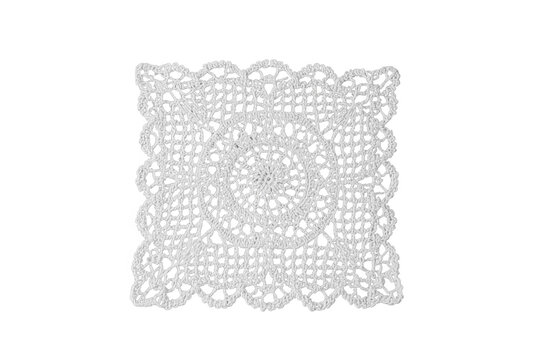 Square white lace doily with scalloped floral edges