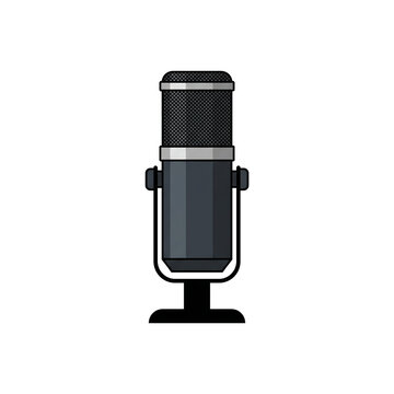 Illustration of a modern studio condenser microphone on a stand, featuring a dark grey body and silver accents, suitable for recording and broadcasting.