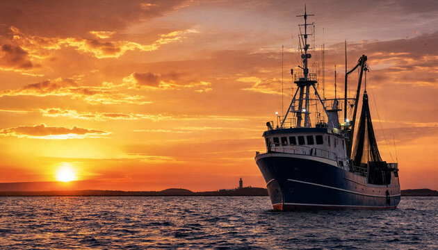 Fishing trawler sails near the horizon at sunset with warm golden sky and calm water. The vessel is positioned right with open sea and distant shoreline, offering copy space.