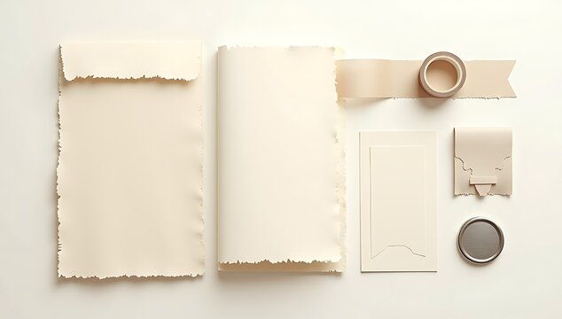 Minimal stationery mockup with torn paper cards and envelope on light surface