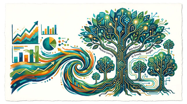 Green tree growing with rising financial business charts and data graphs representing sustainable economic growth and success in a professional corporate environment for future investments