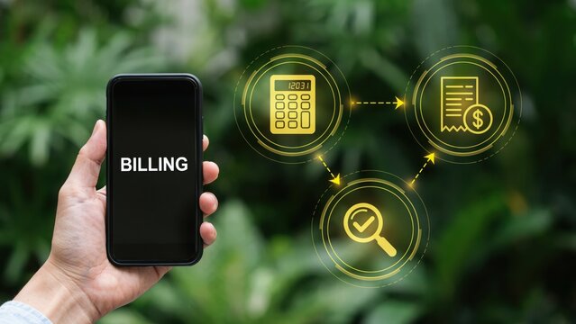 Person holding a smartphone showing a digital billing and payment process concept