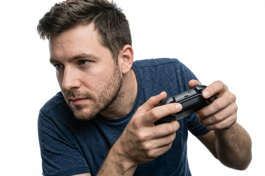 Young man playing video game with controller