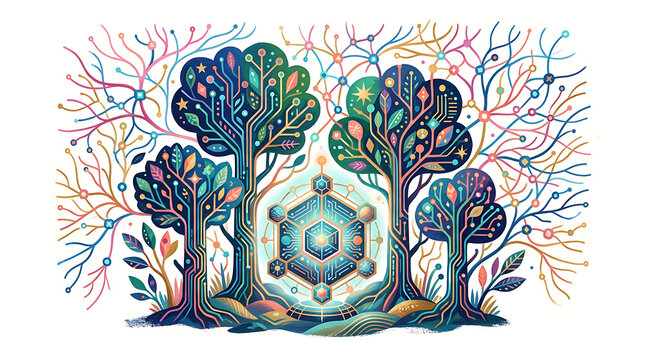 Abstract pixel art forest scene with a glowing magical orb in the center surrounded by colorful confetti and digital particles in a retro video game style illustration