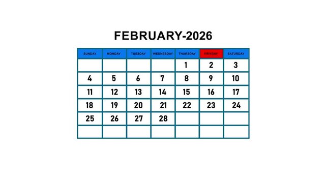 February 2026 calendar page with animated date selection on february 26th for business planning and scheduling