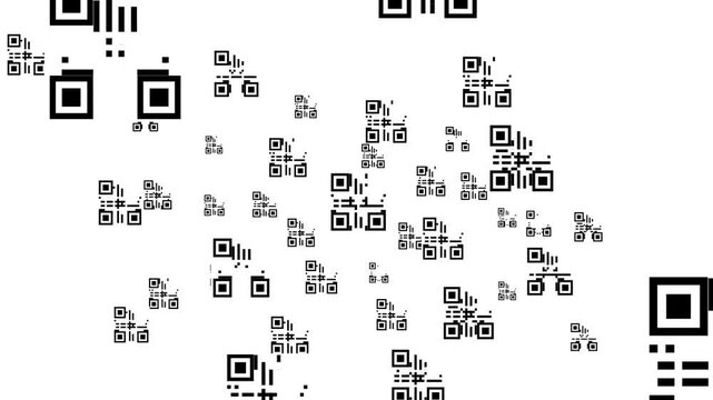 Abstract monochrome QR code matrix background with floating digital pixel elements