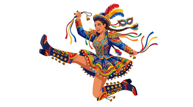Bolivian Caporales female dancer in bright colorful short dress
