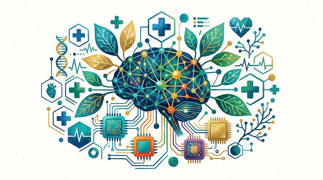 Colorful pixel art human brain icon with digital technology and medical symbols floating around for science research and mental health education concepts in a creative blocky graphic style