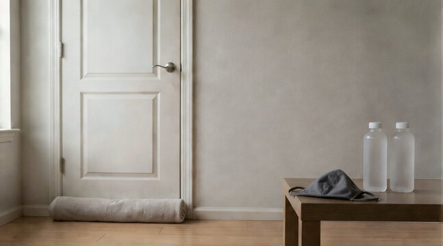 Closed door with rolled towel face covering and water for poor air quality shelter in wide horizontal view