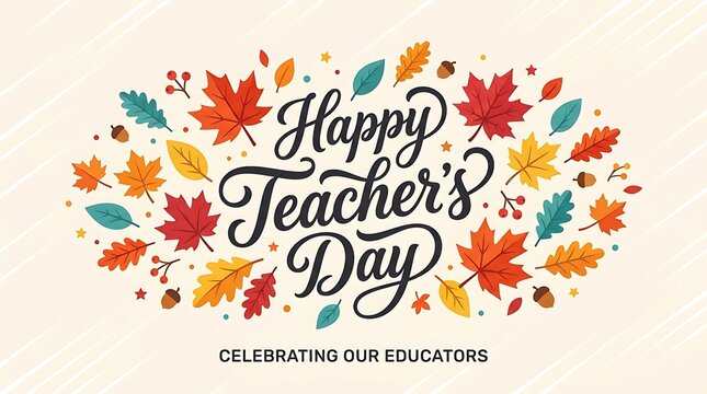 Beautiful decorative greeting card design for teacher's day featuring colorful autumn leaves and elegant hand written calligraphy text on a light background