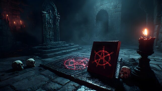 薄暗い石造りのダンジョンで赤く光る五芒星の魔導書と魔法陣がある黒魔術の儀式部屋