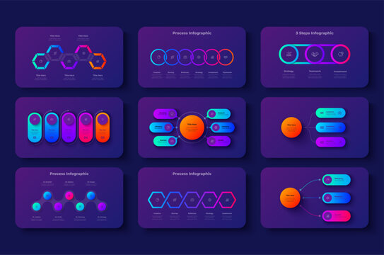 Collection of dark process infographics with neon gradient elements