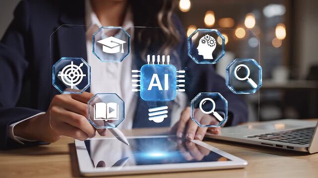 Artificial intelligence technology tablet for business interface education search target data digital learning concept, touchscreen analytics, online study, automation, virtual icons