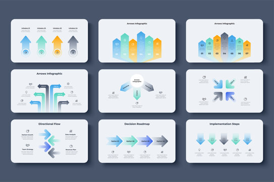 Set of business arrow infographics with gradient shapes and icons