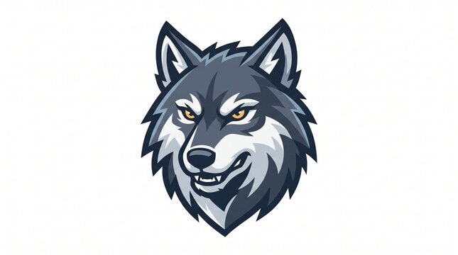 Fierce wolf head mascot. Gray, black and white fur with sharp ears. Piercing amber eyes and subtle snarl showing fangs. Bold vector logo style on white background.