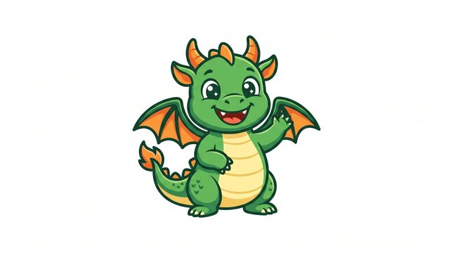 Cute green cartoon dragon waving with orange wings and horns. Yellow belly, sparkly eyes, big smile, and flame-tipped tail. Adorable chibi vector style on white background.