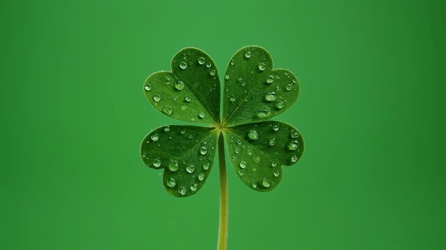 Four leaf clover with water droplets during soft studio lighting on green background for luck and success concept