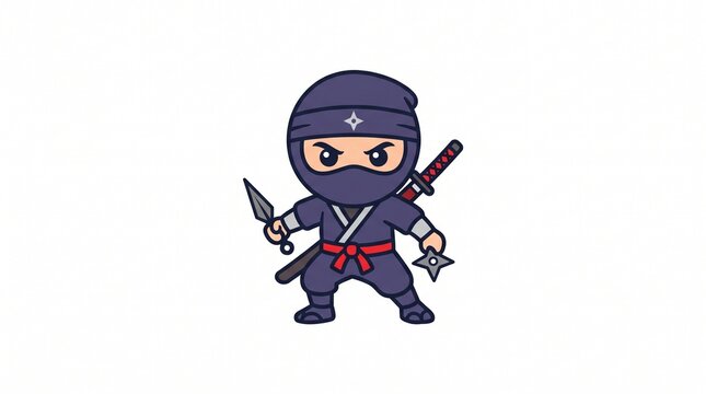 Chibi cartoon ninja in dark purple outfit with red belt. Masked, holding a kunai and shuriken, katana on back. Determined expression. Bold vector style on white background.