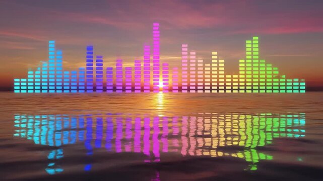 Neon audio equalizer bars pulsing over calm ocean water during a vibrant sunset.