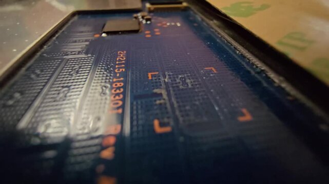 Extreme macro close-up shot of a laptop touchpad internal printed circuit board (PCB), microchips, electronic connectors, and computer hardware components.