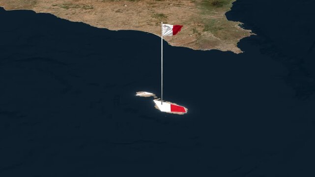 The Maltese flag waving proudly over islands in satellite map video footage