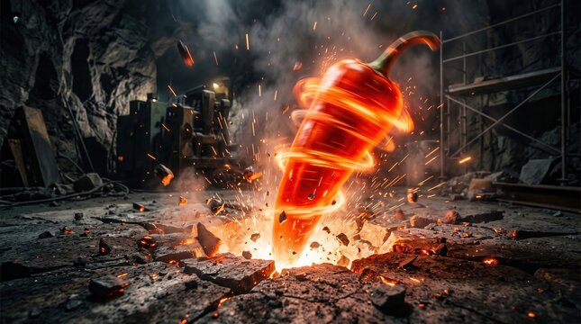 Giant red chili pepper bursting from a rocky ground with fiery sparks. Dark industrial mine background with scaffolding and machinery.