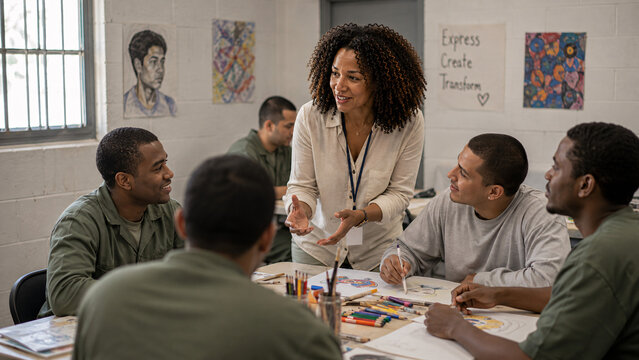 Woman educator facilitating arts program at youth detention center