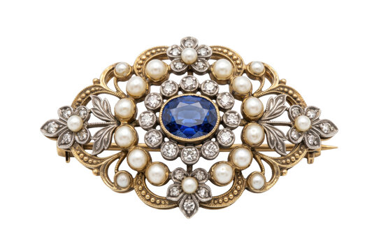 Antique sapphire and pearl brooch with diamond accents in ornate gold setting