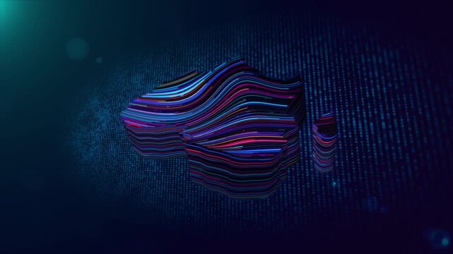 Animated 3D Africa map reveal with glowing colorful wavy lines, digital particle grid, cinematic lighting, lens flare, and animated Africa text for futuristic technology presentations.