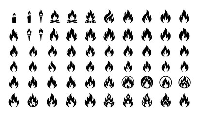 Obraz premium Black Fire Flame Silhouette Icon Collection with Burning Blaze Shapes Vector Illustration