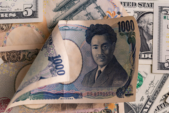 Macro shot of Japanese 1000 yen banknote corner with blurred portrait background