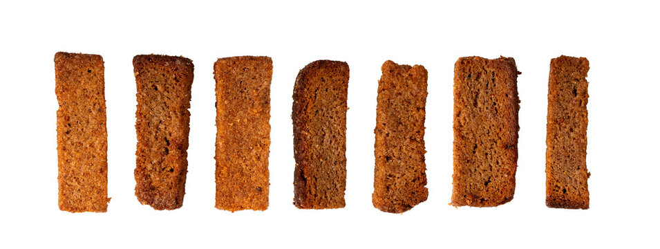 Rye Croutons Isolated, Homemade Brown Bread Rusks, Crispy Bread Cubes