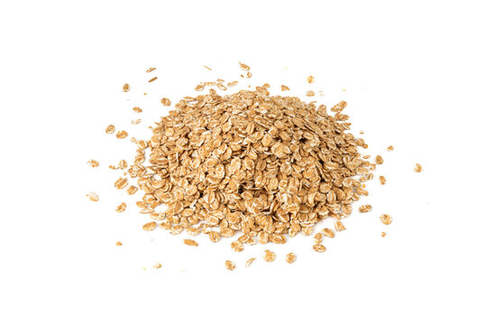 Spelt flakes isolated, dry raw rolled flat oat grains, wheat, oatmeal or bran, barley rye cereals