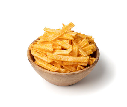 Fried chips sticks isolated, finger potato chips, golden shoestring fries pile, French fries
