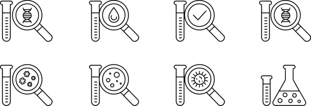 Medical, laboratory icon collection with blood, urine, sperm, stool testing, diagnostic analysis and editable stroke healthcare vector symbols.